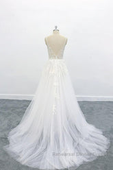 Long A-line V-neck Backless Appliques Lace Tulle Wedding Dresses